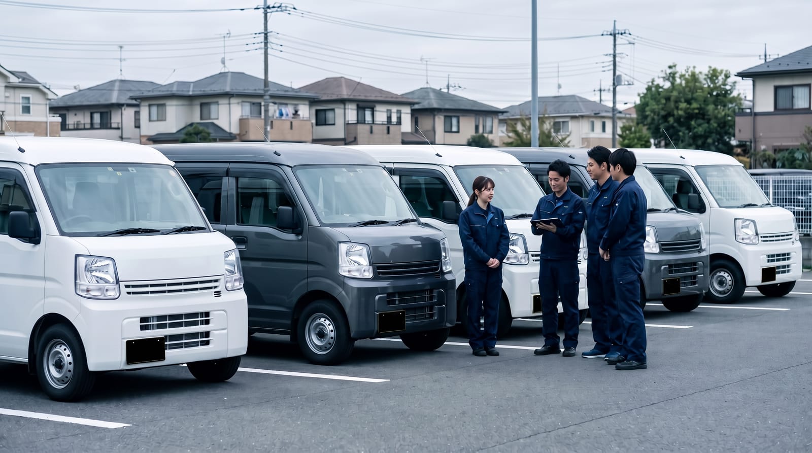 拠点に並ぶ複数台の軽貨物バンと出発前のスタッフ