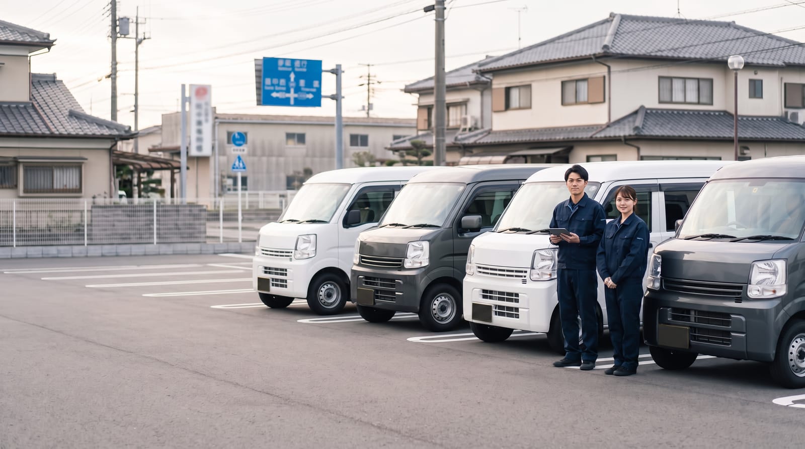 日本国内の配送拠点に並ぶ黒ナンバー対応の軽貨物バンと、清潔感のある配送スタッフ